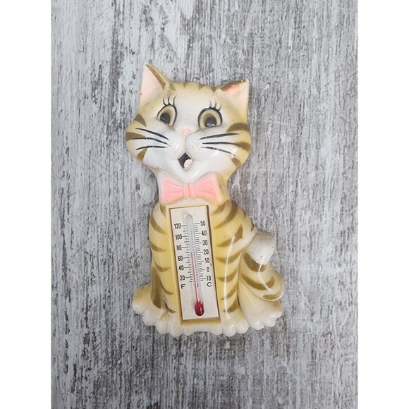 Vintage MCM Yellow Tiger Cat Plastic Thermometer Magnet J.S.N.Y Hong Kong  works - Picture 3 of 7